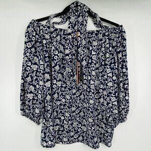 Gigi Parker Blouse Womens Small Blue Floral Batik Classic Navy 3/4 Sleeves